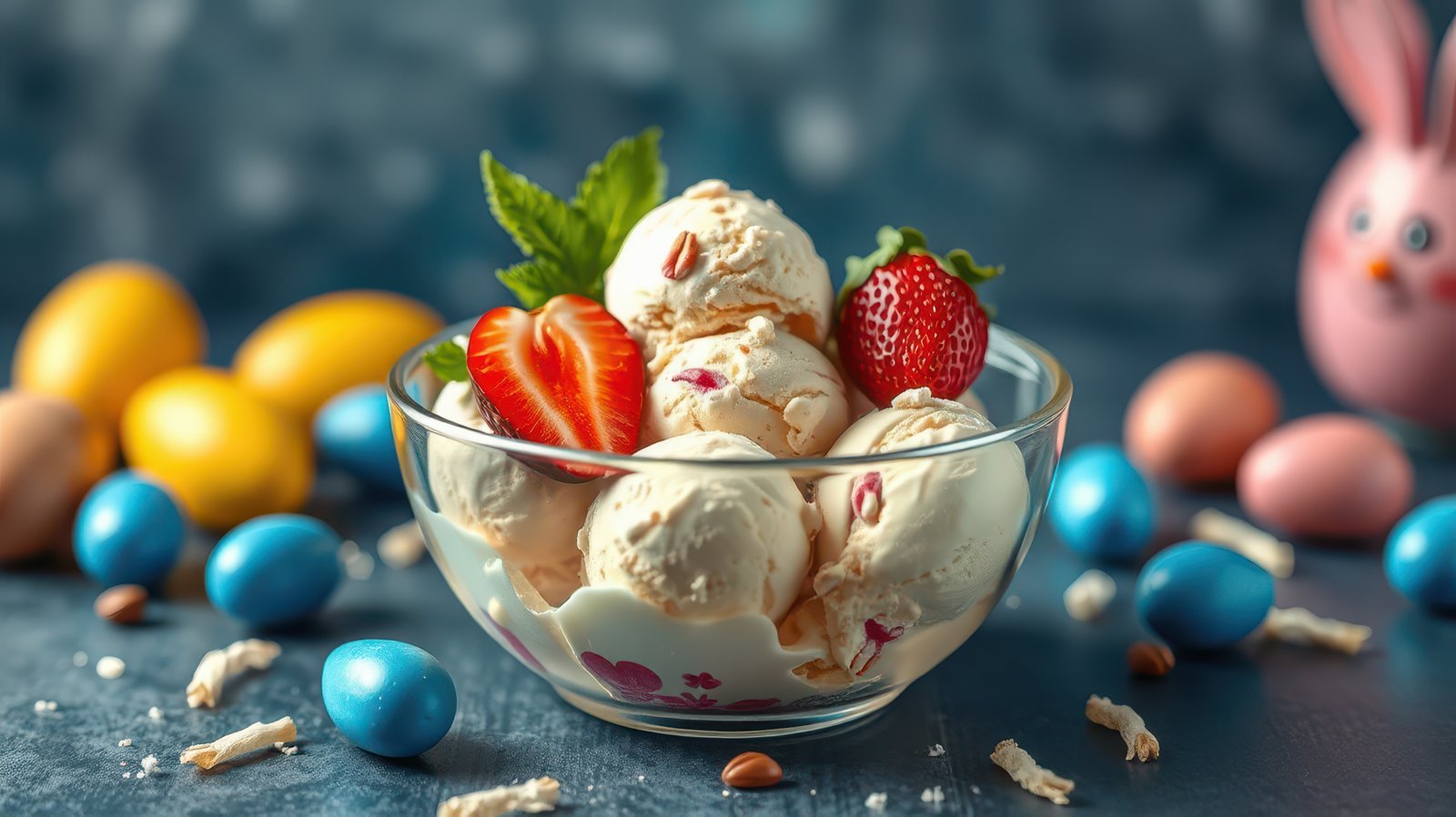 Delicious ice cream dessert served with strawberries, mint, and colorful Easter eggs in a festive setting